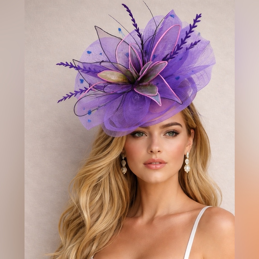 Kentucky Derby Hat Fascinator Elegant Purple Fascinator Organza Feathers Floral
